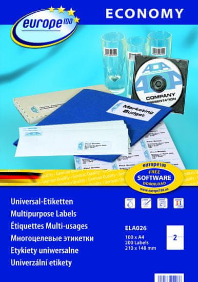Europe100 bele papirne etikete ELA026, 210 x 148 mm, 100 listov, 200 etiket