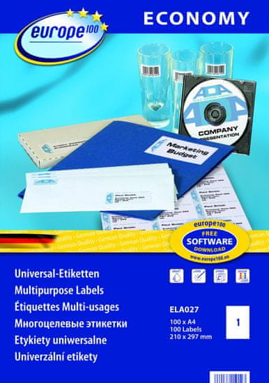 Europe100 bele papirne etikete ELA027, 210 x 297 mm, 100 listov, 100 etiket