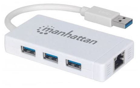 Manhattan 3 - portni USB hub 3.0 + GigaBit LAN adapter RJ45, bel