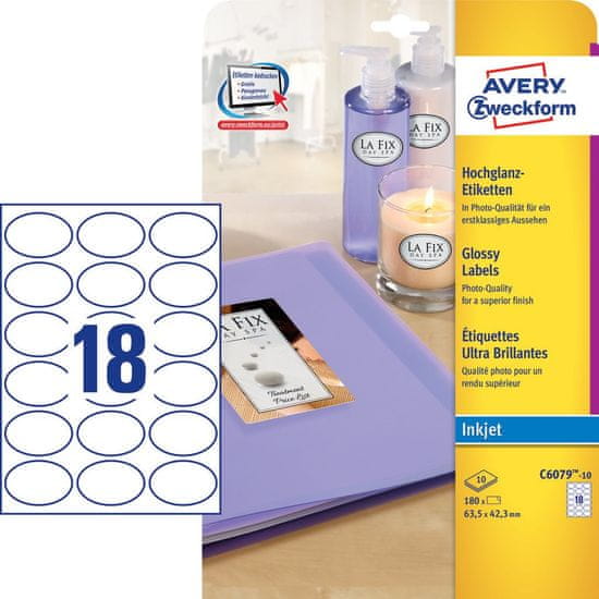 Avery Zweckform svetleče ovalne etikete C6079-10, 63.5x42.3 mm, za inkjet tiskalnike, 180 kosov