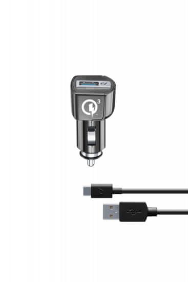 CellularLine USB avto polnilec z USB-C kablom, Qualcomm, črn