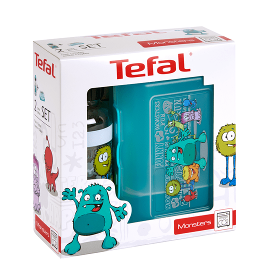 Tefal komplet KIDS K3169214 plastična škatlica + steklenico tritan, 0,4 L, turkizna z motivom pošasti