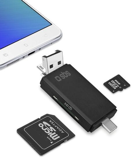 SBS čitalec SD in Micro SD kartic, USB/Micro USB/Type C, OTG, črn