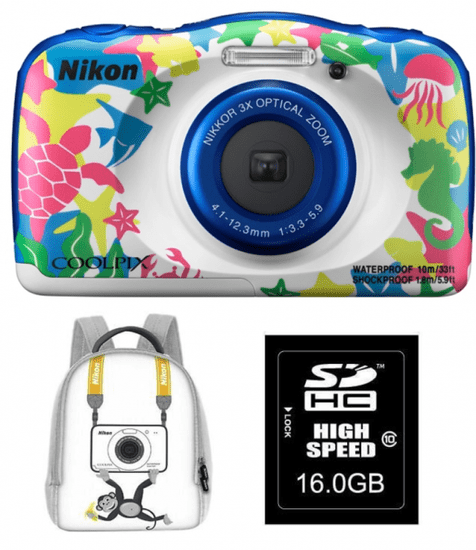 Nikon digitalni fotoaparat Coolpix W100, rožnat + SD16GB + nahrbtnik