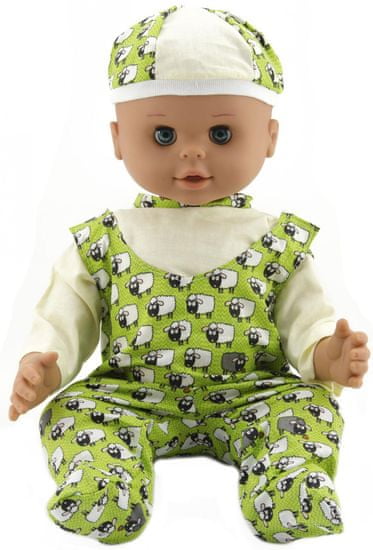 Teddies dojenček, 50 cm, trdo telo, z zelenimi hlačami in kapo z motivom ovčk