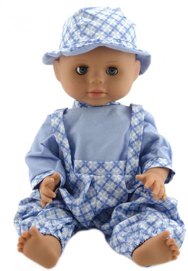 Teddies dojenček, 40 cm, trdo telo, z svetlo modrimi hlačami, majico in klobučkom