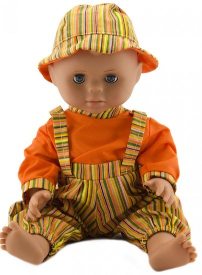 Teddies dojenček, 40 cm, trdo telo, z oranžnimi hlačami, majico in klobučkom