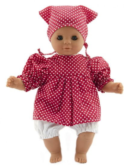 Teddies lutka, 30 cm, z rdečo obleko s belimi pikami in šalom