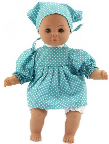 Teddies lutka, 30 cm, z modro obleko z belimi pikami in šalom