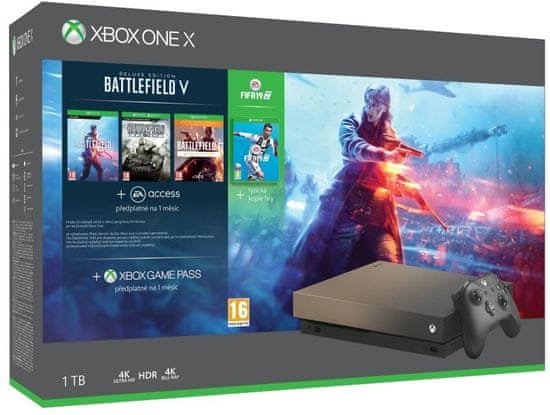 Microsoft igralna konzola Xbox One X, 1TB, črna - Gold Rush Special Edition + igre Battlefield V: Deluxe Edition + Battlefield 1943 + FIFA 19 + BF 1 Revolution