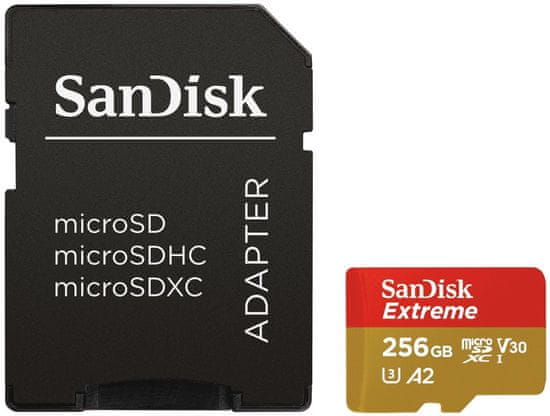 SanDisk spominska kartica Extreme Micro SDXC 256GB A2 C10 V30 UHS-I + adapter (SDSQXA1-256G-GN6MA)