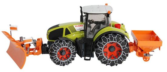 Bruder 01174 - traktor Claas Axion 950 s snežnimi verigami, drobilnikom in plugom