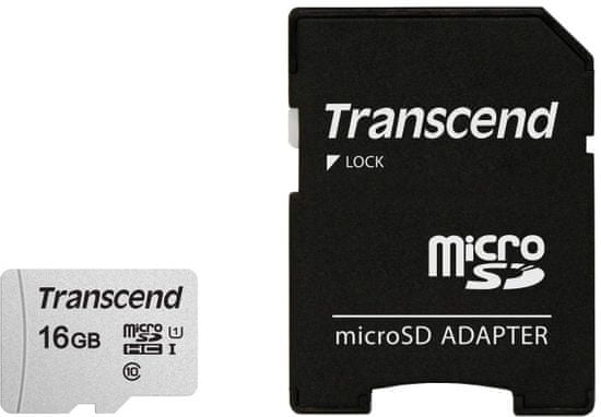 Transcend spominska kartica microSDHC 16GB 300 S, 95/45 MB/s, C10, UHS-I Speed Class 3 (U3), adapter