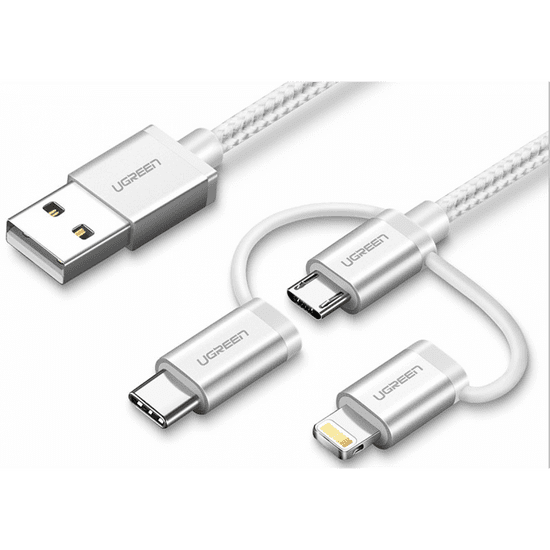 Ugreen USB 2.0 na Micro USB+Lightning+Type C (3 v 1) podatkovni kabel pleten, 1 m