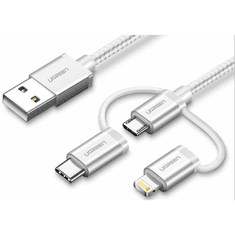 Ugreen USB 2.0 na Micro USB+Lightning+Type C (3 v 1) podatkovni kabel pleten, 1,5m