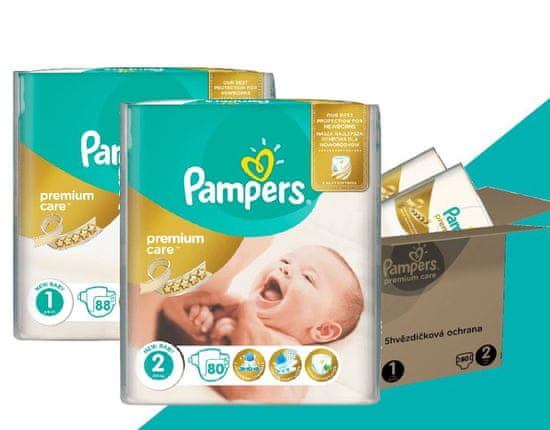 Pampers plenice Premium Care 1 (2-5 kg) in 2 (3-6 kg) 168 kosov (88+80 kosov)