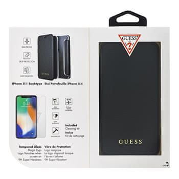 Guess Bundle usnjena torbica Iridescent Black + kaljeno steklo za iPhone XR GUBPBKTI61IBK