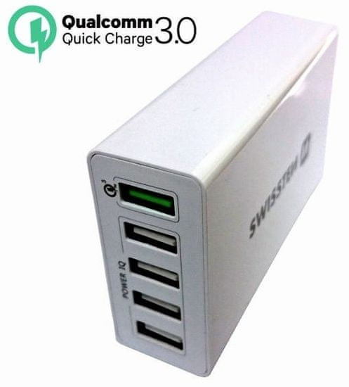 SWISSTEN polnilnik Qualcomm 3.0 Quick Charge + SMART IC 5× USB 50 W Power 22013306, hitro polnjenje, bel