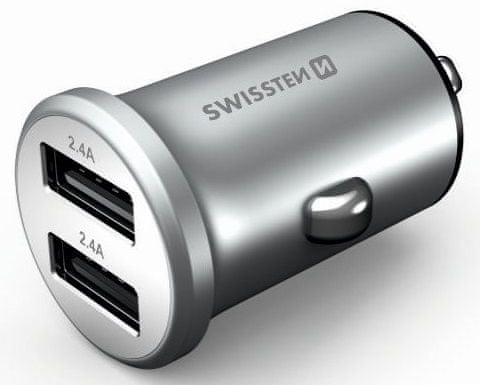 SWISSTEN CL adapter 2× USB 4,8 A Metal, srebrn 20114100