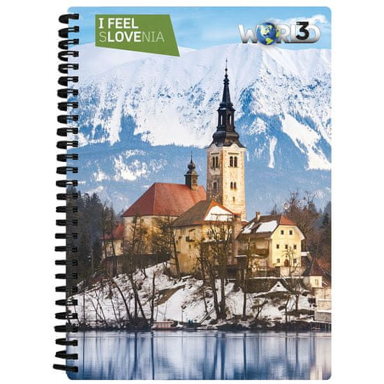 World 3D I Feel Slovenia notebook A5 80L– Bled, spirala, črtani