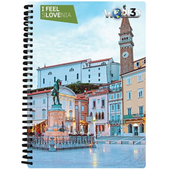 World 3D I Feel Slovenia notebook A6 50L– Bled, spirala, črtani