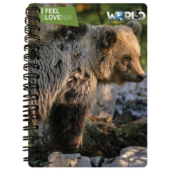 World 3D I Feel Slovenia notebook A6 50L, spirala – rjavi medved, črtani