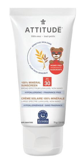 Attitude otroška mineralna krema za sončenje (SPF 30) za občutljivo in atopično kožo, brez vonja, 100 %, 75 g