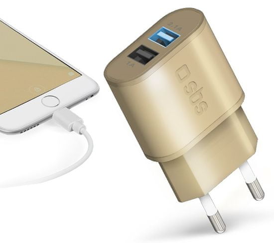 SBS potovalni adapter s hitrim polnjenjem Gold Collection, 2× USB, 2,1 A/1 A, zlat