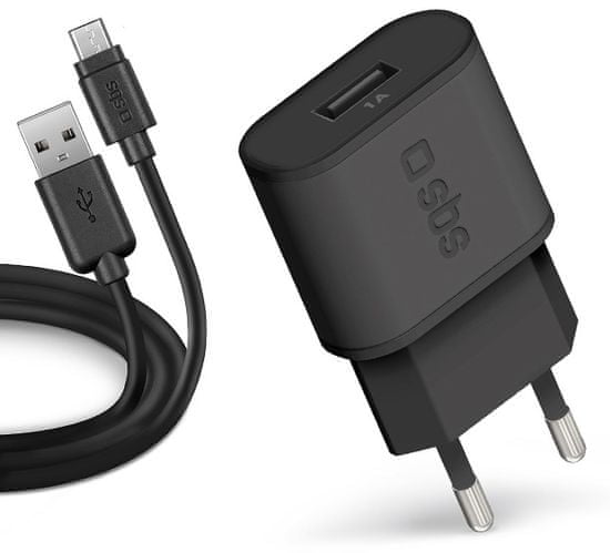 SBS potovalni polnilnik USB/microUSB 2.0, 1000 mA, 100/250 V, črn