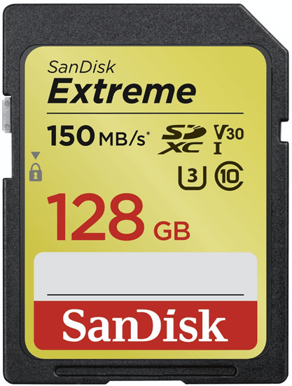 SanDisk pomnilniška kartica SDXC Extreme, 128GB, 150/60MB/s, UHS-I Speed Class 3 (U3), V30E