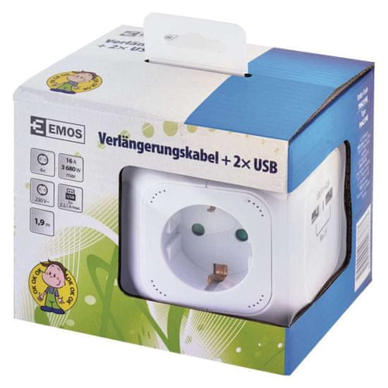 Emos razdelilec in podaljšek, kocka, 2 USB, 1,9 m