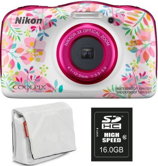 Nikon Coolpix W150, digitalni fotoaparat + SD16GB + torbica bela/roza - Odprta embalaža