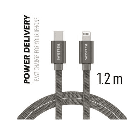 SWISSTEN podatkovni kabel Textile USB-C / Lightning 1,2 m, siv 71525202