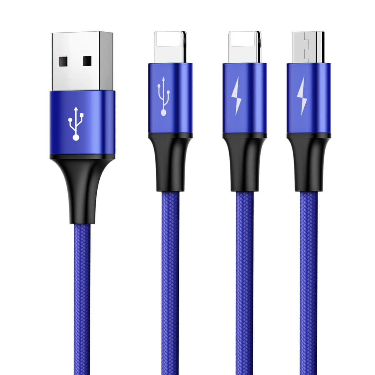 Baseus Rapid 3v1 napajalni kabel za microUSB, Lightning (2×) 3A/1,2m temno moder CAMLL-SU13