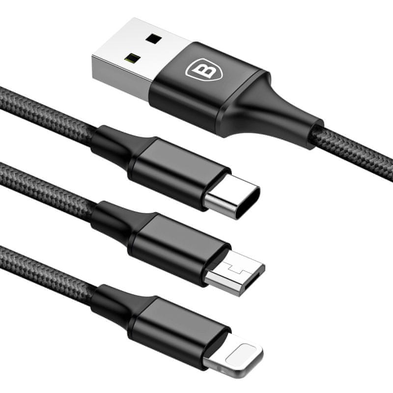  Baseus Rapid 3v1 napajalni kabel za Micro USB, Lightning, Type-C 3A/1.2m, črn CAMLT-SU01 napajalni kabel