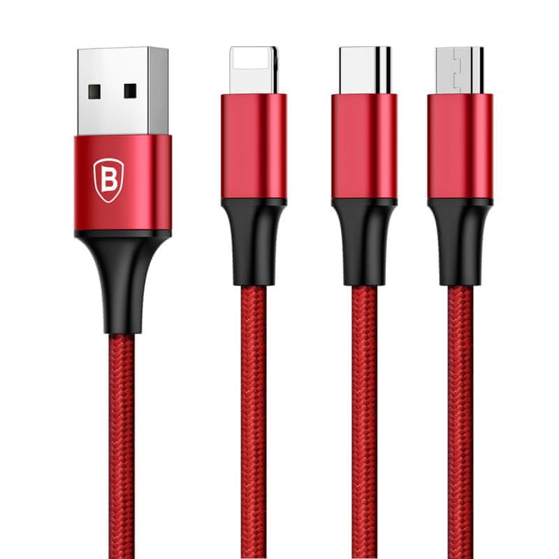  Baseus Rapid 3v1 napajalni kabel za Micro USB, Lightning, Type-C 3A/1.2m, rdeč CAMLT-SU09 napajalni kabel