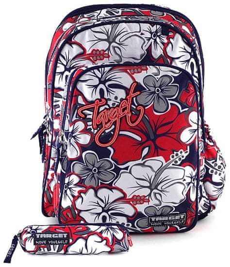 Target šolska torba, rdeče-sive rože, priložena peresnica