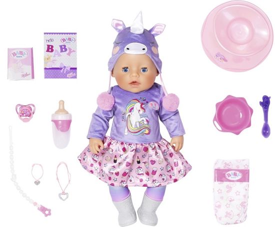 BABY born mehka lutka Soft Touch, posebna izdaja v zasnovi obleke s samorogom, 43 cm