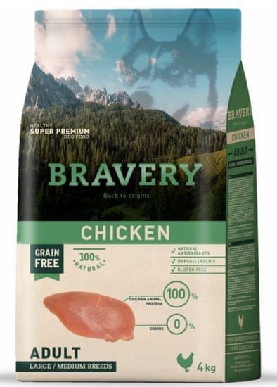 Bravery Hrana za pse Dog ADULT Large / Medium Grain Free chicken, 4 kg