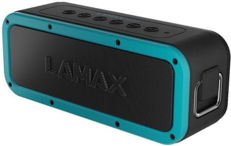 Zmogljiv prenosni Bluetooth zvočnik Lamax Storm1 Moč 40 W zvok IP67 zaščita pred vodo Vzdržljivost do 15ur NFC Prostorski zvok hall super bass usb-c slot microSD območje brezžočne povezave je 15 metrov