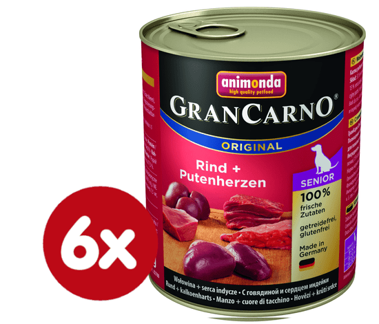Animonda mokra hrana za starejše pse, govedina + puranji srčki, 6 x 800 g