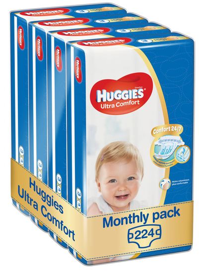 Huggies Ultra Comfort 3 Jumbo plenice (5–8 kg), 224 ks (4x 56 ks) – mesečno pakiranje