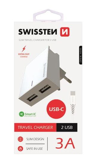 SWISSTEN 22043000 Smart IC, CE 2x USB, 3 A adapter za v vtičnico, bel