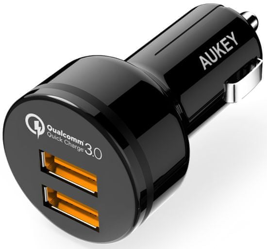 Aukey LLTS65484 dvojni avto polnilec za hitro polnjenje s konektorji 2× QuickCharge USB 3.0/36 W, črn