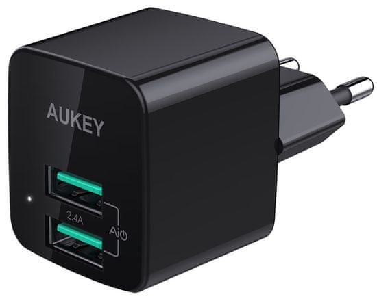 Aukey LLTSEU133680 potovalen polnilec s konektorji 2× USB 2.0, črn