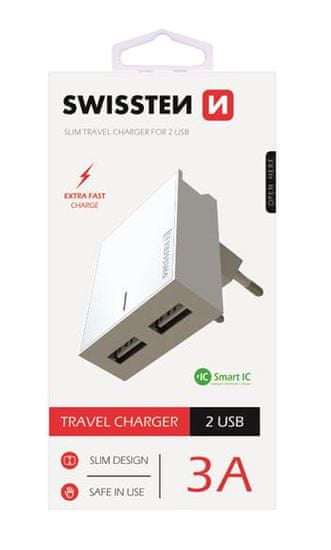 SWISSTEN pametni omrežni adapter, IC, CE 2x USB 3A napajalnik, bel + USB podatkovni kabel (22032000)