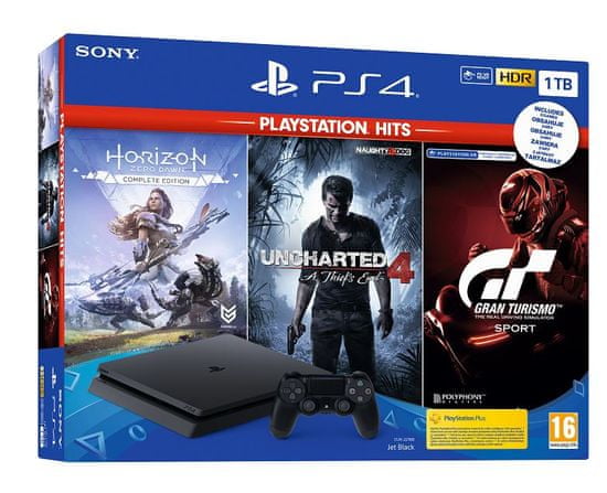Sony PlayStation 4 Slim, 1 TB igralna konzola + igre Hits (GT Sport-HZD CE-UC4)