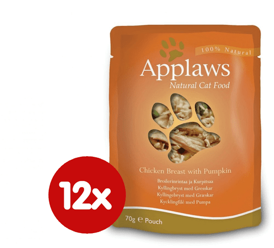 Applaws mokra hrana za mačke s piščančjimi prsmi in bučko, 12x70 g