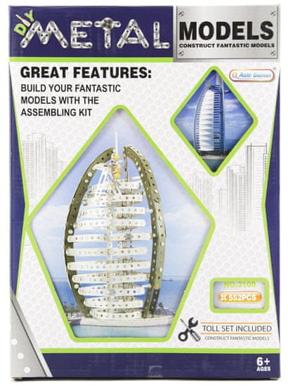 Teddies kovinska stavba Burj Al Arab Dubai, 523 kosov, 26x36x6 cm