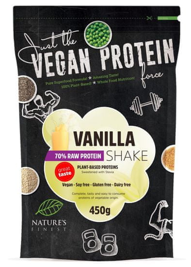 Nature's finest Bio Vegan Protein Shake mešanica, 70 % beljakovinska, s stevio, vanilija, 450 g